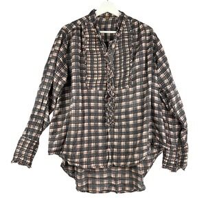 Free People Plaid Button Down Shirt Ruffled Front Long Sleeve Women's